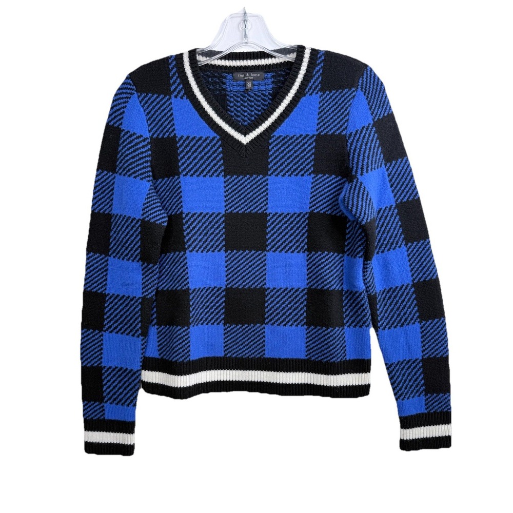 Rag & Bone Sweater Womens XS‎ Merino Wool Blue Black Buffalo Check Pullover